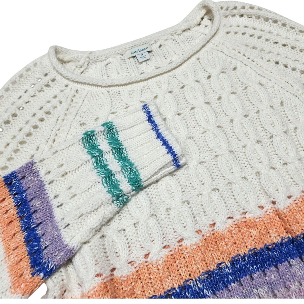 Sundance Sweater Women M Ivory Multi Colorblock‎ Cable Knit Pointelle Pullover